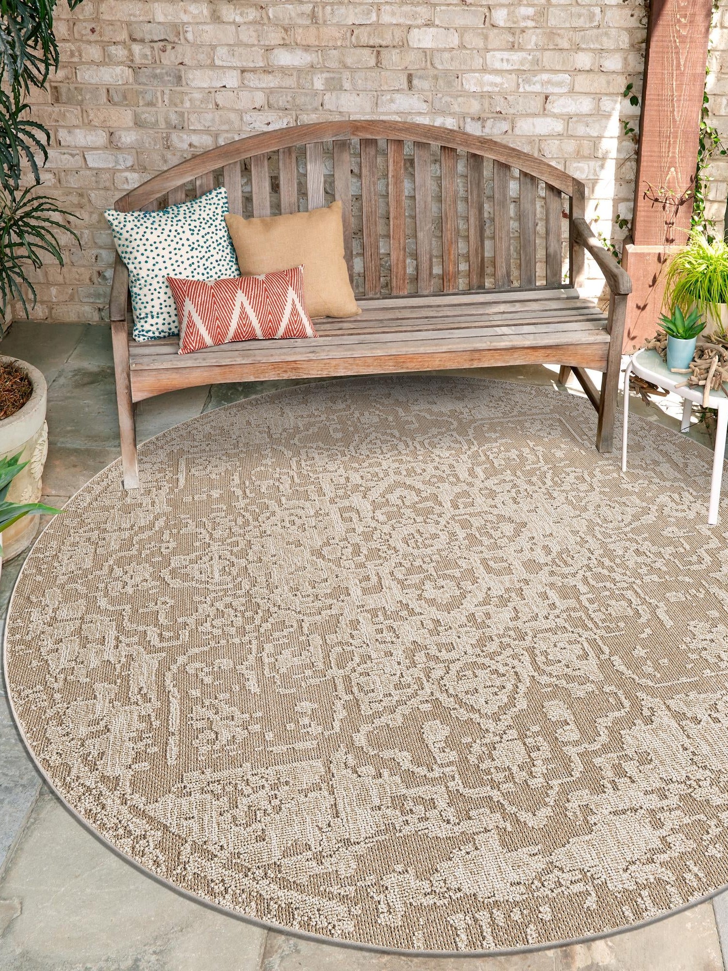 Khaki 7' 10 x 7' 10 Symphony Outdoor Round Area Rug Weather Resistant for Patio, Deck, Terrace, Balcony, Porch Durable Outside Carpet for Sale at Rug Engine