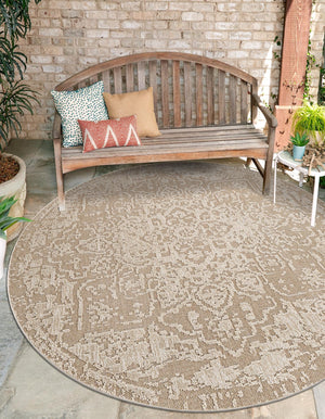Khaki 7' 10 x 7' 10 Symphony Outdoor Round Area Rug Weather Resistant for Patio, Deck, Terrace, Balcony, Porch Durable Outside Carpet for Sale at Rug Engine
