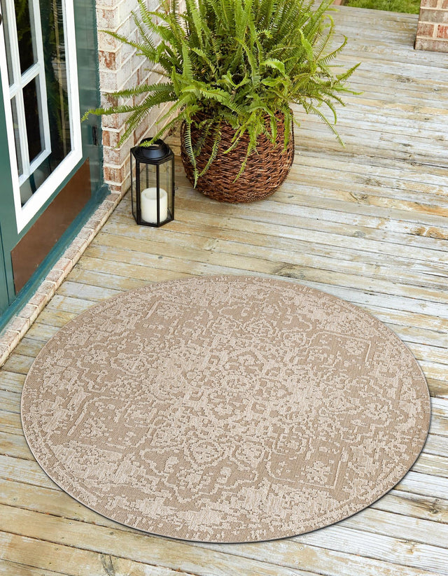 Khaki 5' 3 x 5' 3 Symphony Outdoor Round Area Rug Weather Resistant for Patio, Deck, Terrace, Balcony, Porch Durable Outside Carpet for Sale at Rug Engine