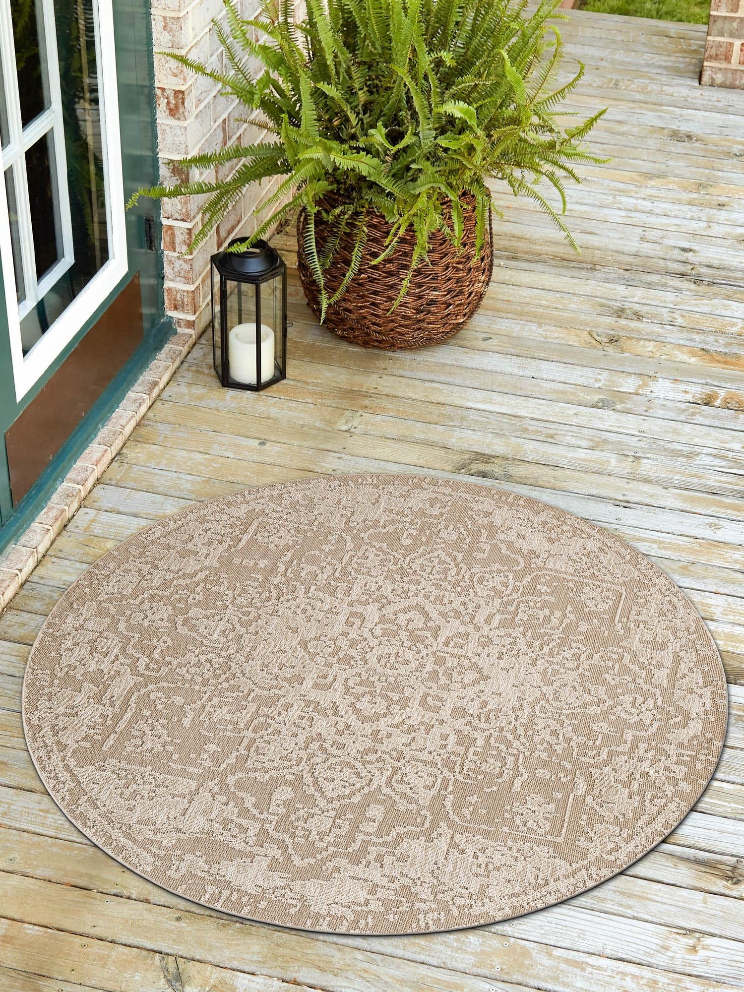 Khaki 7' 10 x 7' 10 Symphony Outdoor Round Area Rug Weather Resistant for Patio, Deck, Terrace, Balcony, Porch Durable Outside Carpet for Sale at Rug Engine
