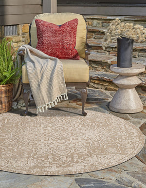 Khaki 5' 3 x 5' 3 Symphony Outdoor Round Area Rug Weather Resistant for Patio, Deck, Terrace, Balcony, Porch Durable Outside Carpet for Sale at Rug Engine