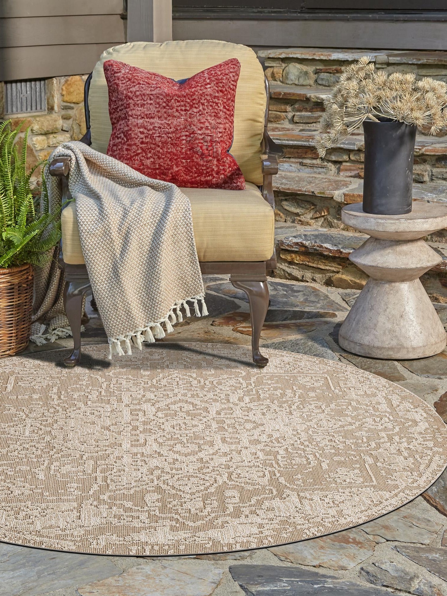 Khaki 3' 1 x 3' 1 Symphony Outdoor Round Area Rug Weather Resistant for Patio, Deck, Terrace, Balcony, Porch Durable Outside Carpet for Sale at Rug Engine