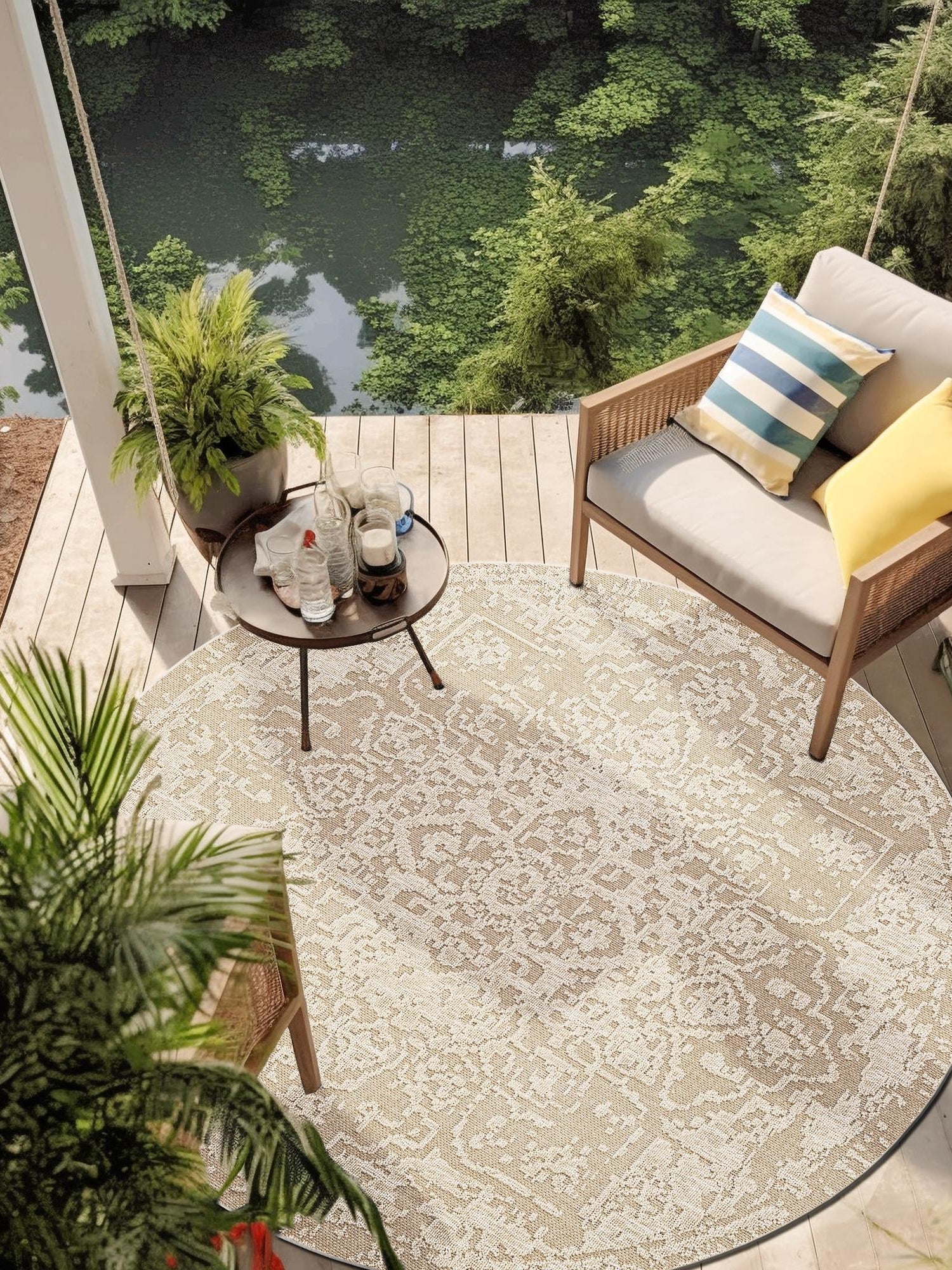 Khaki 7' 10 x 7' 10 Symphony Outdoor Round Area Rug Weather Resistant for Patio, Deck, Terrace, Balcony, Porch Durable Outside Carpet for Sale at Rug Engine