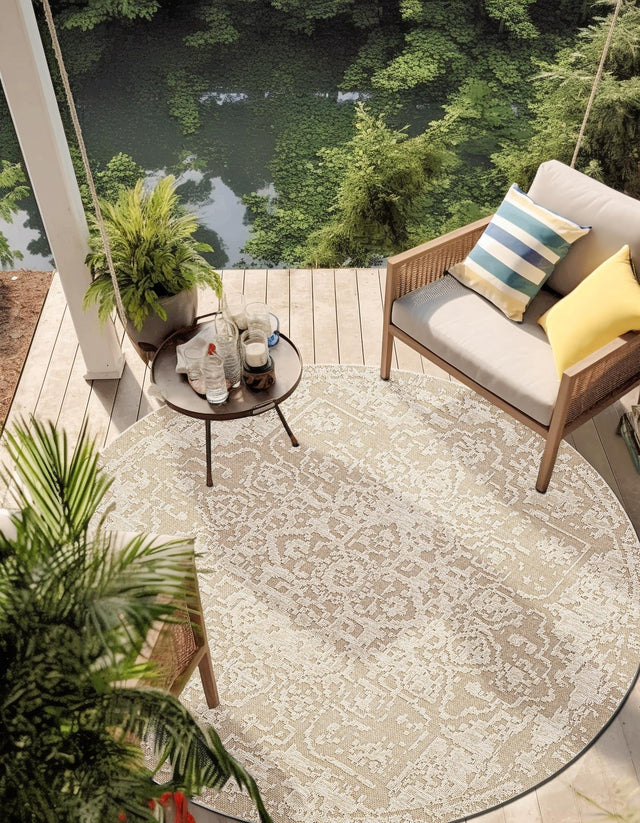 Khaki 3' 1 x 3' 1 Symphony Outdoor Round Area Rug Weather Resistant for Patio, Deck, Terrace, Balcony, Porch Durable Outside Carpet for Sale at Rug Engine