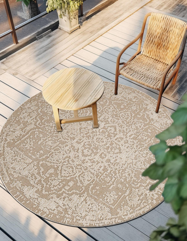 Khaki 5' 3 x 5' 3 Symphony Outdoor Round Area Rug Weather Resistant for Patio, Deck, Terrace, Balcony, Porch Durable Outside Carpet for Sale at Rug Engine