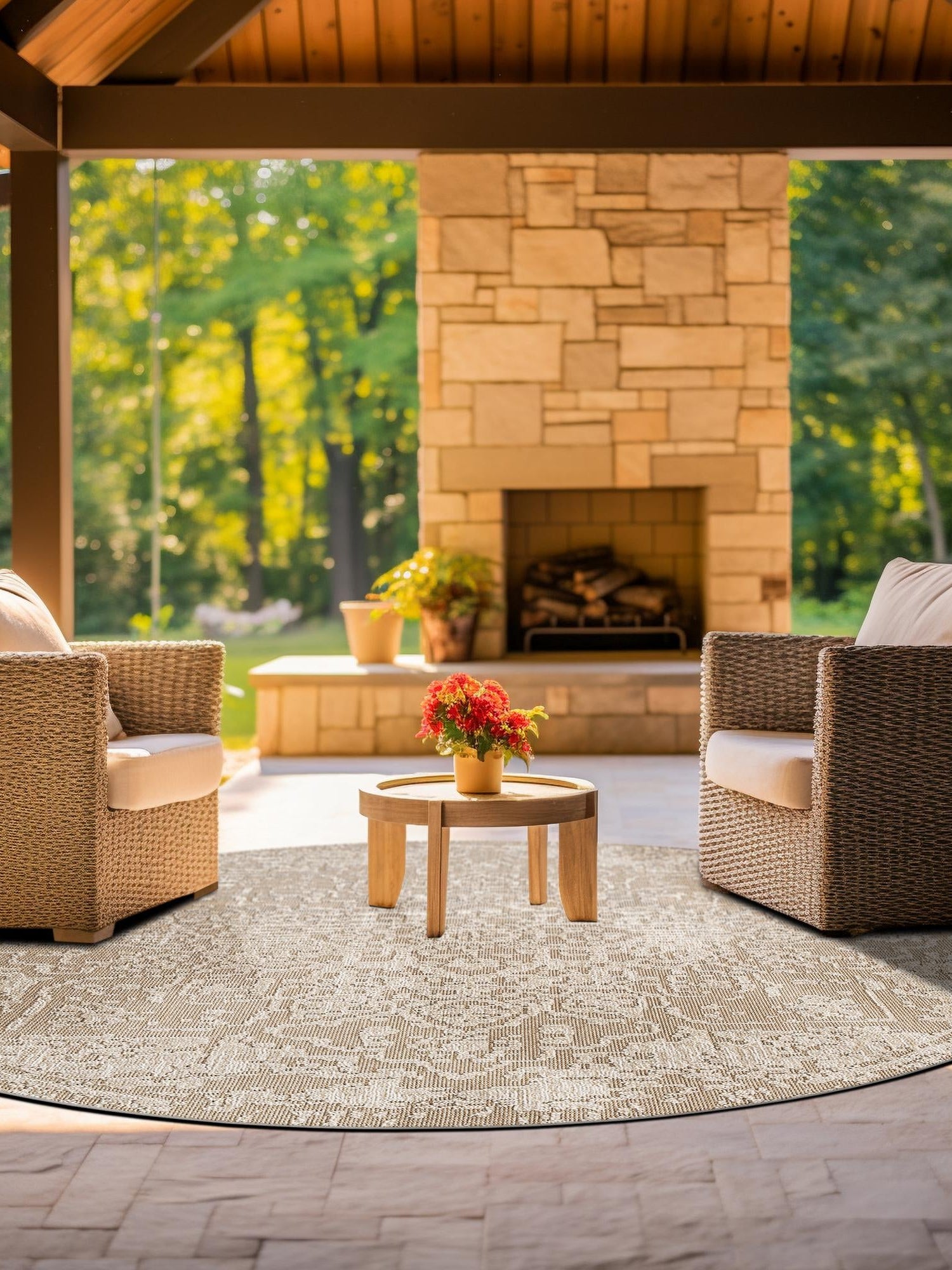 Khaki 7' 10 x 7' 10 Symphony Outdoor Round Area Rug Weather Resistant for Patio, Deck, Terrace, Balcony, Porch Durable Outside Carpet for Sale at Rug Engine