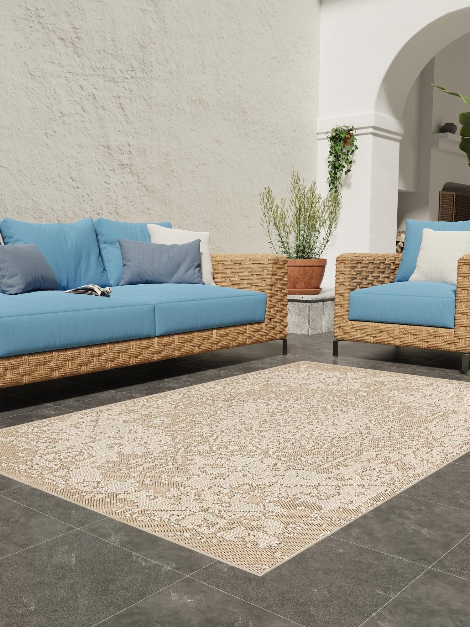 Khaki 6' 1 x 9' Symphony Outdoor Rectangle Area Rug Weather Resistant for Patio, Deck, Terrace, Balcony, Porch Durable Outside Carpet for Sale at Rug Engine