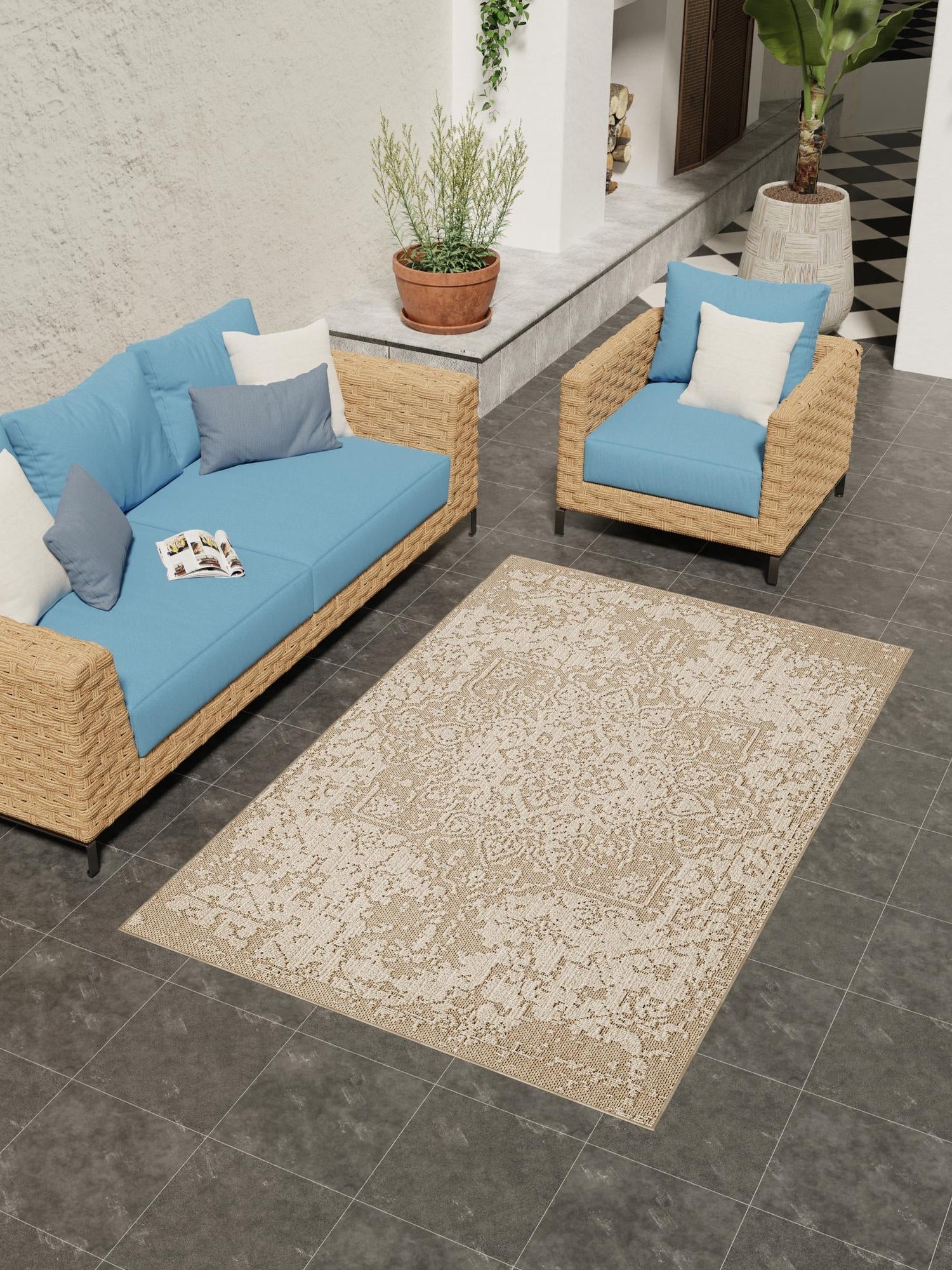 Khaki 7' 10 x 10' Symphony Outdoor Rectangle Area Rug Weather Resistant for Patio, Deck, Terrace, Balcony, Porch Durable Outside Carpet for Sale at Rug Engine