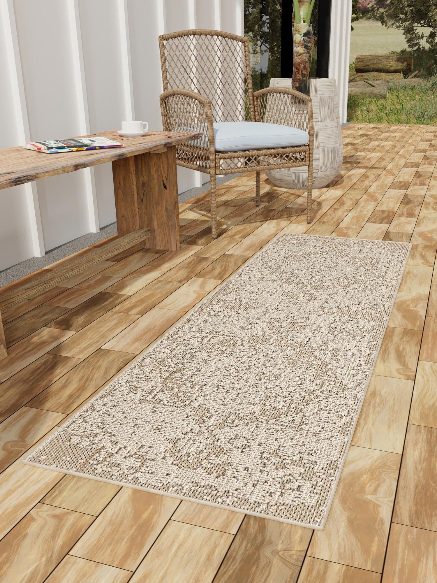 Khaki 2' x 8' Symphony Outdoor Runner Area Rug Weather Resistant for Patio, Deck, Terrace, Balcony, Porch Durable Outside Carpet for Sale at Rug Engine
