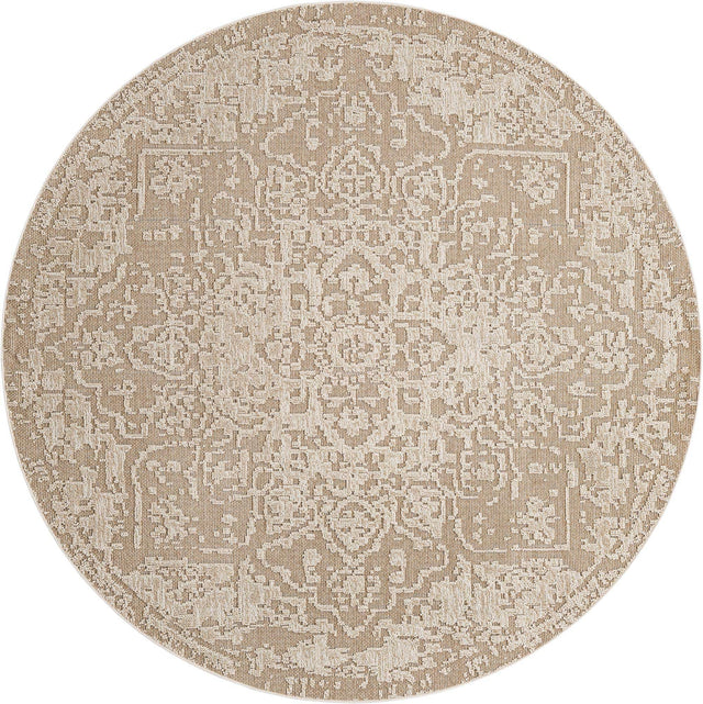 Khaki 7' 10 x 7' 10 Symphony Outdoor Round Area Rug Weather Resistant for Patio, Deck, Terrace, Balcony, Porch Durable Outside Carpet for Sale at Rug Engine
