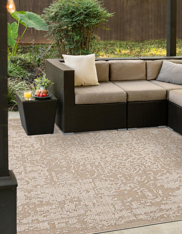 Khaki 7' 10 x 7' 10 Symphony Outdoor Square Area Rug Weather Resistant for Patio, Deck, Terrace, Balcony, Porch Durable Outside Carpet for Sale at Rug Engine
