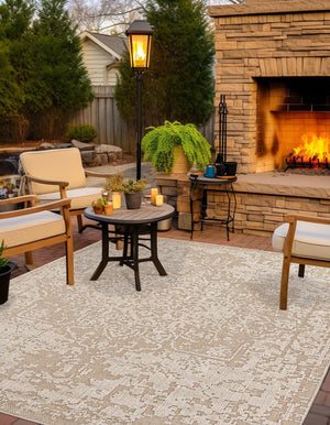 Khaki 7' 10 x 7' 10 Symphony Outdoor Square Area Rug Weather Resistant for Patio, Deck, Terrace, Balcony, Porch Durable Outside Carpet for Sale at Rug Engine