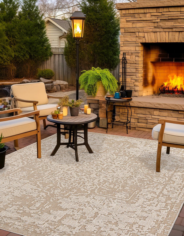 Khaki 7' 10 x 7' 10 Symphony Outdoor Square Area Rug Weather Resistant for Patio, Deck, Terrace, Balcony, Porch Durable Outside Carpet for Sale at Rug Engine