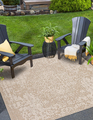 Khaki 7' 10 x 7' 10 Symphony Outdoor Square Area Rug Weather Resistant for Patio, Deck, Terrace, Balcony, Porch Durable Outside Carpet for Sale at Rug Engine