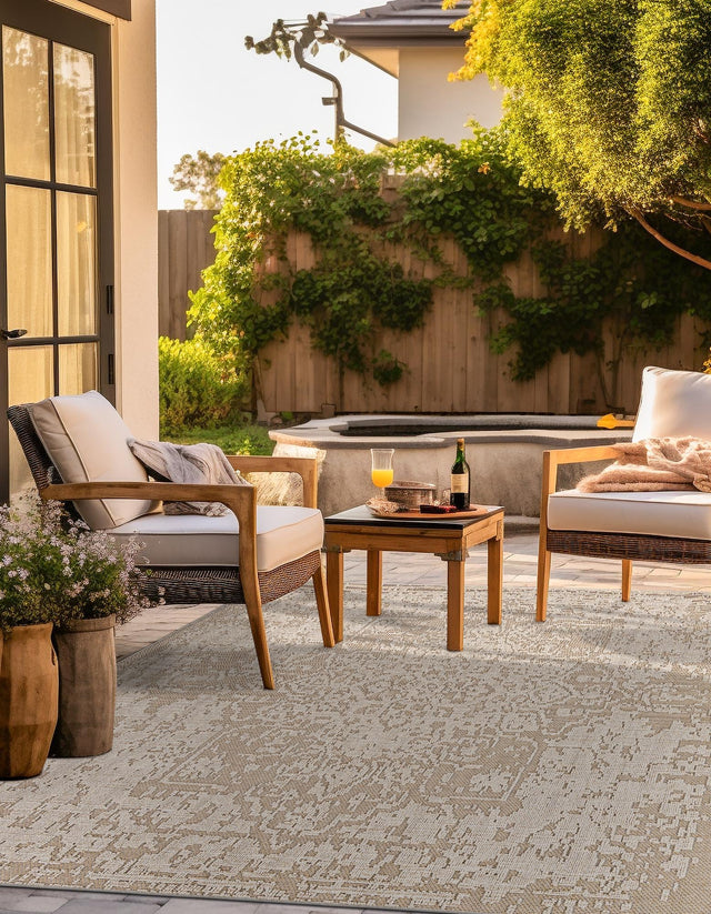 Khaki 7' 10 x 7' 10 Symphony Outdoor Square Area Rug Weather Resistant for Patio, Deck, Terrace, Balcony, Porch Durable Outside Carpet for Sale at Rug Engine