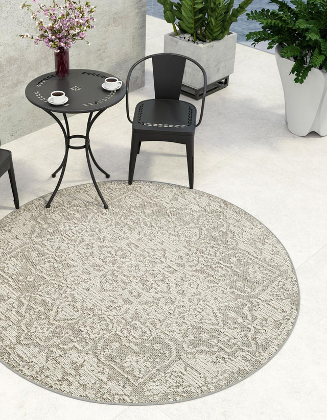 Light Gray 5' 3 x 5' 3 Symphony Outdoor Round Area Rug Weather Resistant for Patio, Deck, Terrace, Balcony, Porch Durable Outside Carpet for Sale at Rug Engine