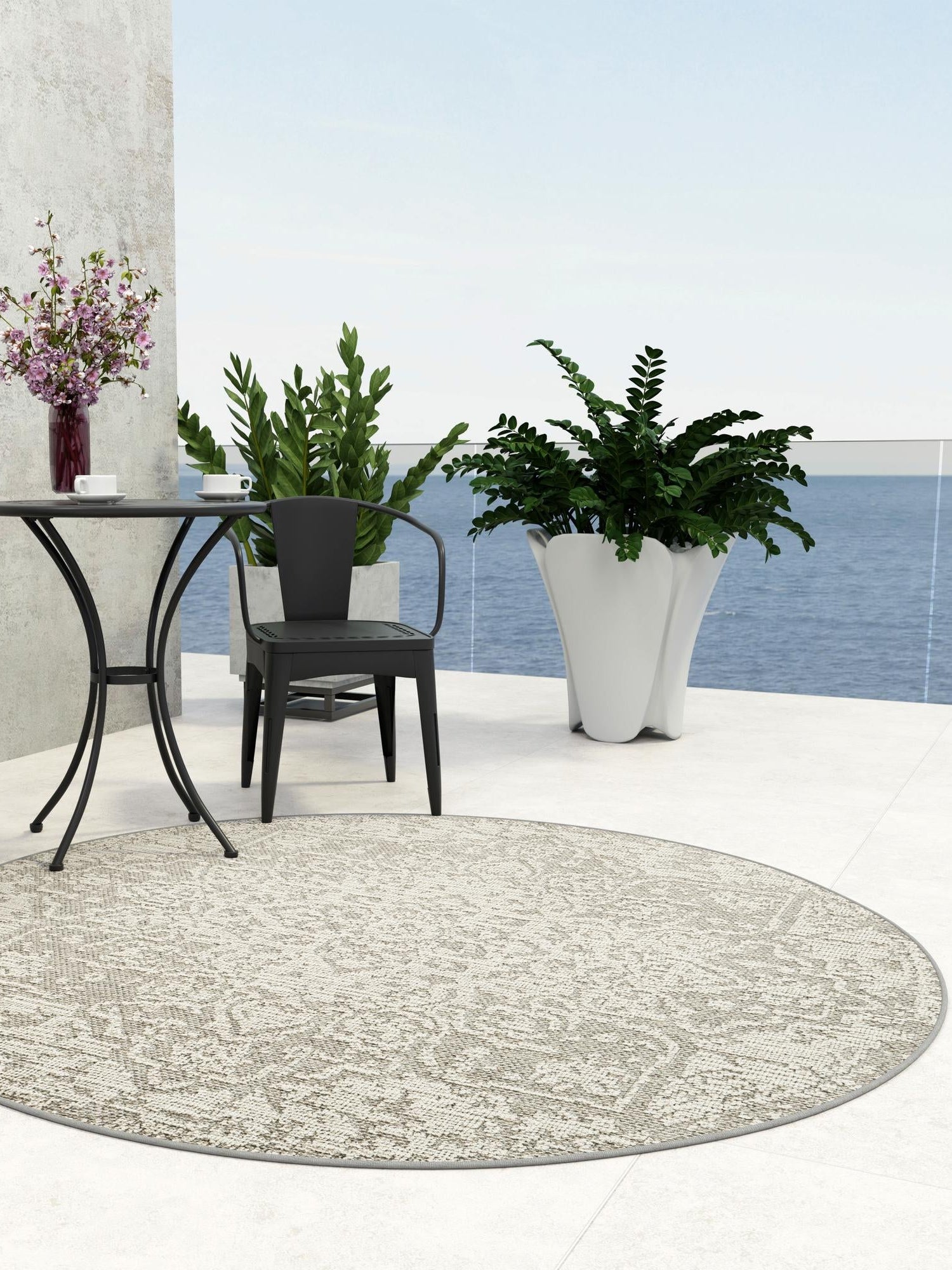 Light Gray 7' 10 x 7' 10 Symphony Outdoor Round Area Rug Weather Resistant for Patio, Deck, Terrace, Balcony, Porch Durable Outside Carpet for Sale at Rug Engine