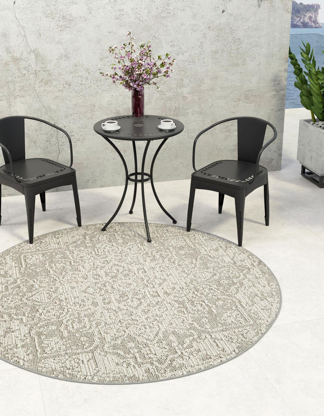 Light Gray 3' 1 x 3' 1 Symphony Outdoor Round Area Rug Weather Resistant for Patio, Deck, Terrace, Balcony, Porch Durable Outside Carpet for Sale at Rug Engine