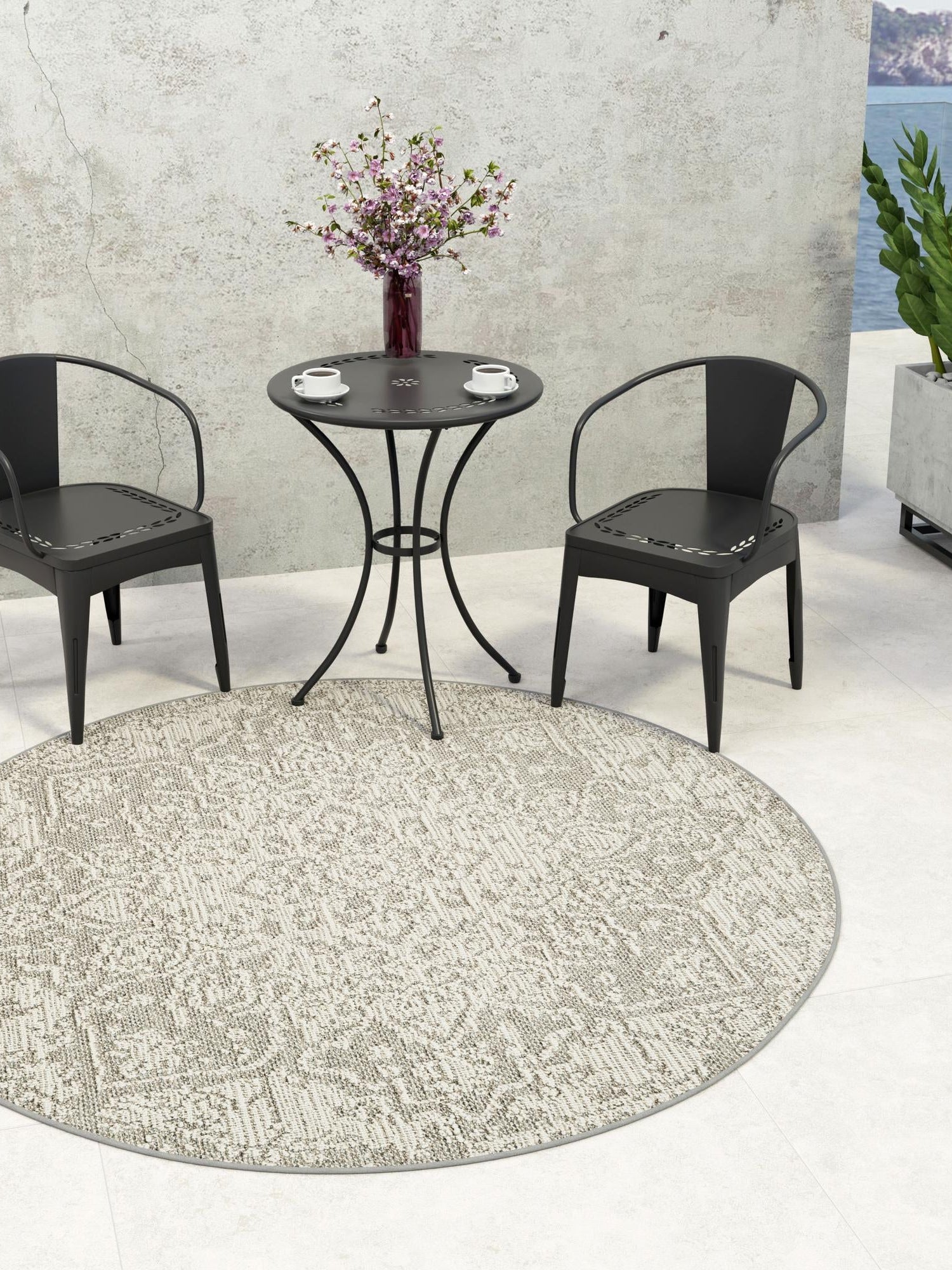 Light Gray 7' 10 x 7' 10 Symphony Outdoor Round Area Rug Weather Resistant for Patio, Deck, Terrace, Balcony, Porch Durable Outside Carpet for Sale at Rug Engine