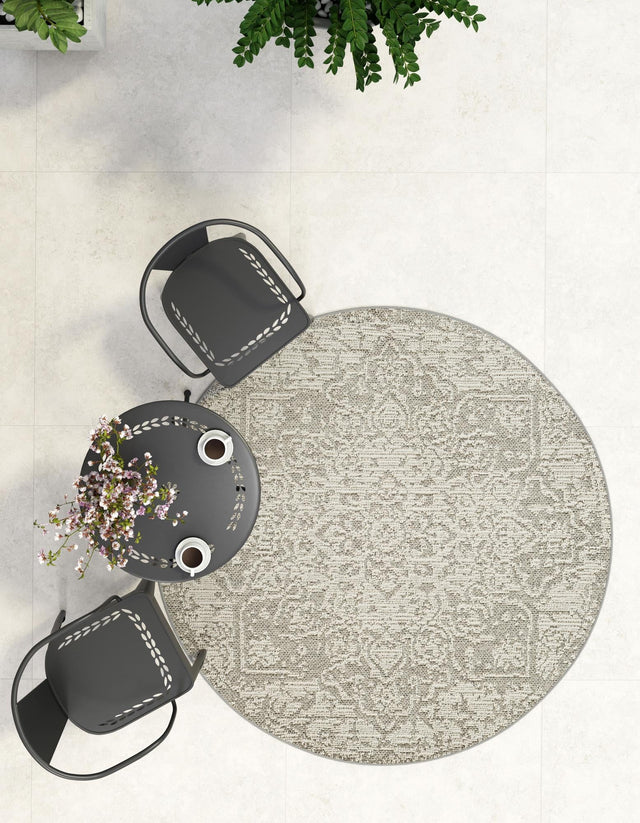 Light Gray 5' 3 x 5' 3 Symphony Outdoor Round Area Rug Weather Resistant for Patio, Deck, Terrace, Balcony, Porch Durable Outside Carpet for Sale at Rug Engine