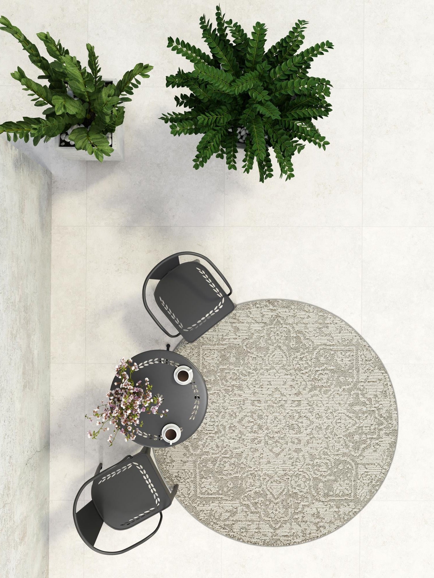 Light Gray 7' 10 x 7' 10 Symphony Outdoor Round Area Rug Weather Resistant for Patio, Deck, Terrace, Balcony, Porch Durable Outside Carpet for Sale at Rug Engine
