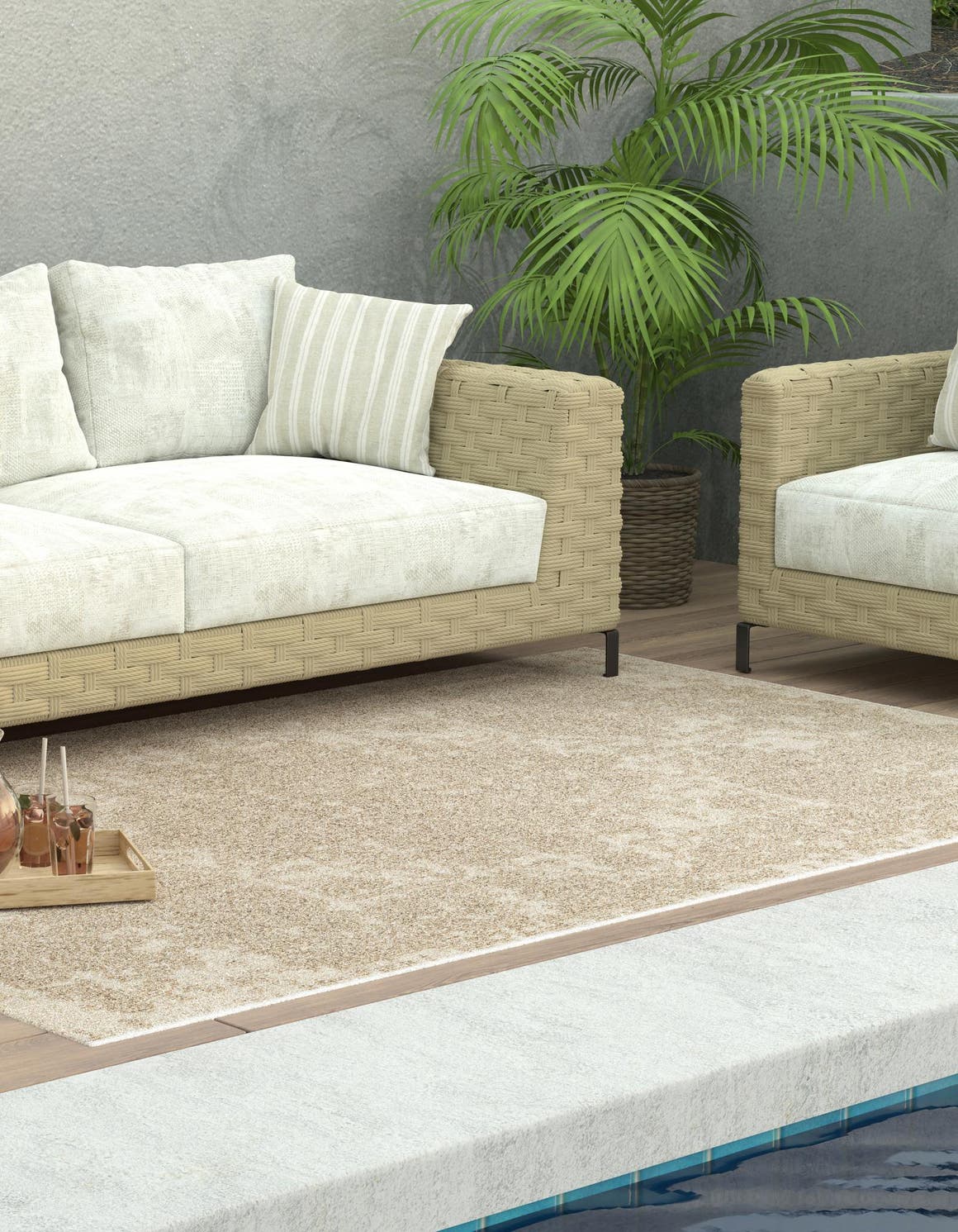 Beige 6' 1 x 9' Symphony Outdoor Rectangle Area Rug Weather Resistant for Patio, Deck, Terrace, Balcony, Porch Durable Outside Carpet for Sale at Rug Engine