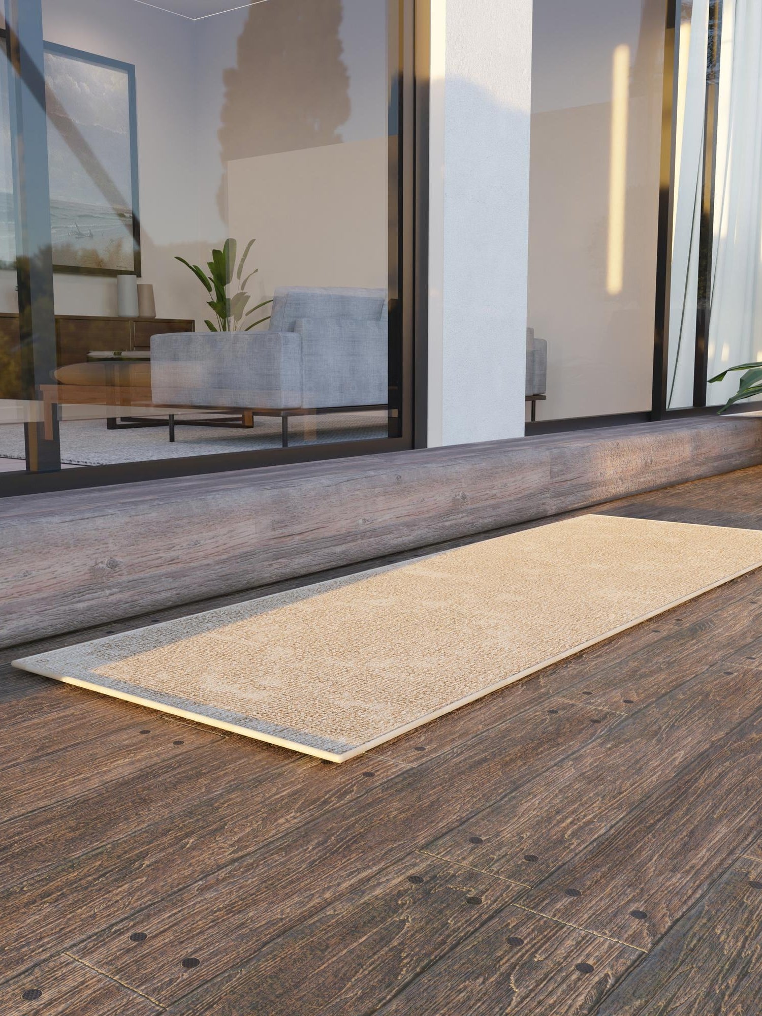 Beige 2' 7 x 12' Symphony Outdoor Runner Area Rug Weather Resistant for Patio, Deck, Terrace, Balcony, Porch Durable Outside Carpet for Sale at Rug Engine
