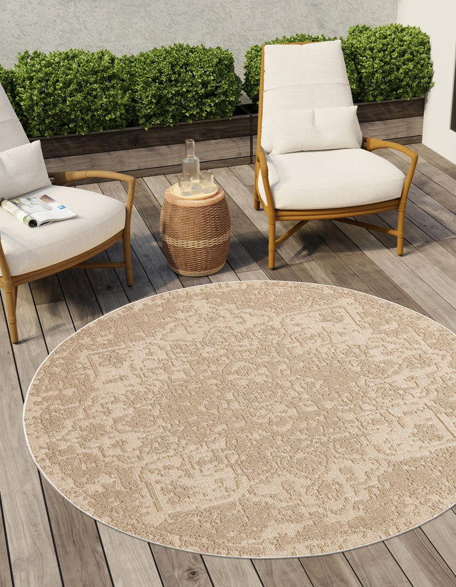 Beige 5' 3 x 5' 3 Symphony Outdoor Round Area Rug Weather Resistant for Patio, Deck, Terrace, Balcony, Porch Durable Outside Carpet for Sale at Rug Engine