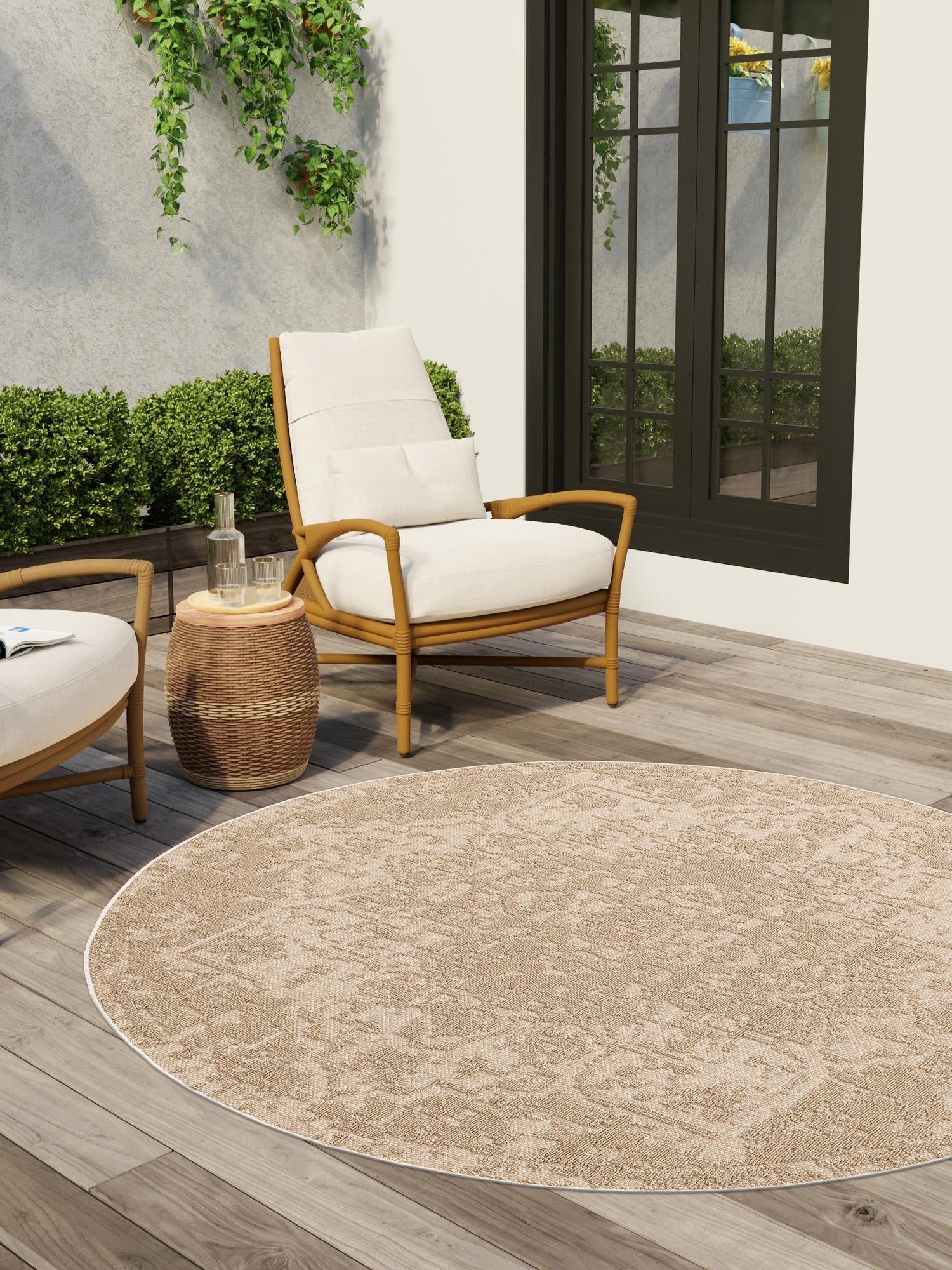 Beige 5' 3 x 5' 3 Symphony Outdoor Round Area Rug Weather Resistant for Patio, Deck, Terrace, Balcony, Porch Durable Outside Carpet for Sale at Rug Engine