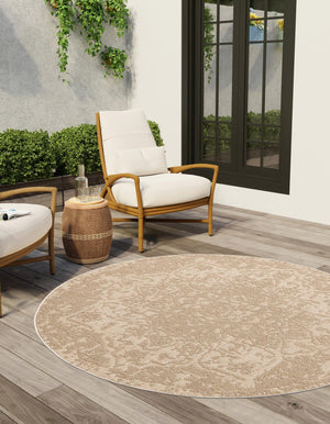 Beige 5' 3 x 5' 3 Symphony Outdoor Round Area Rug Weather Resistant for Patio, Deck, Terrace, Balcony, Porch Durable Outside Carpet for Sale at Rug Engine
