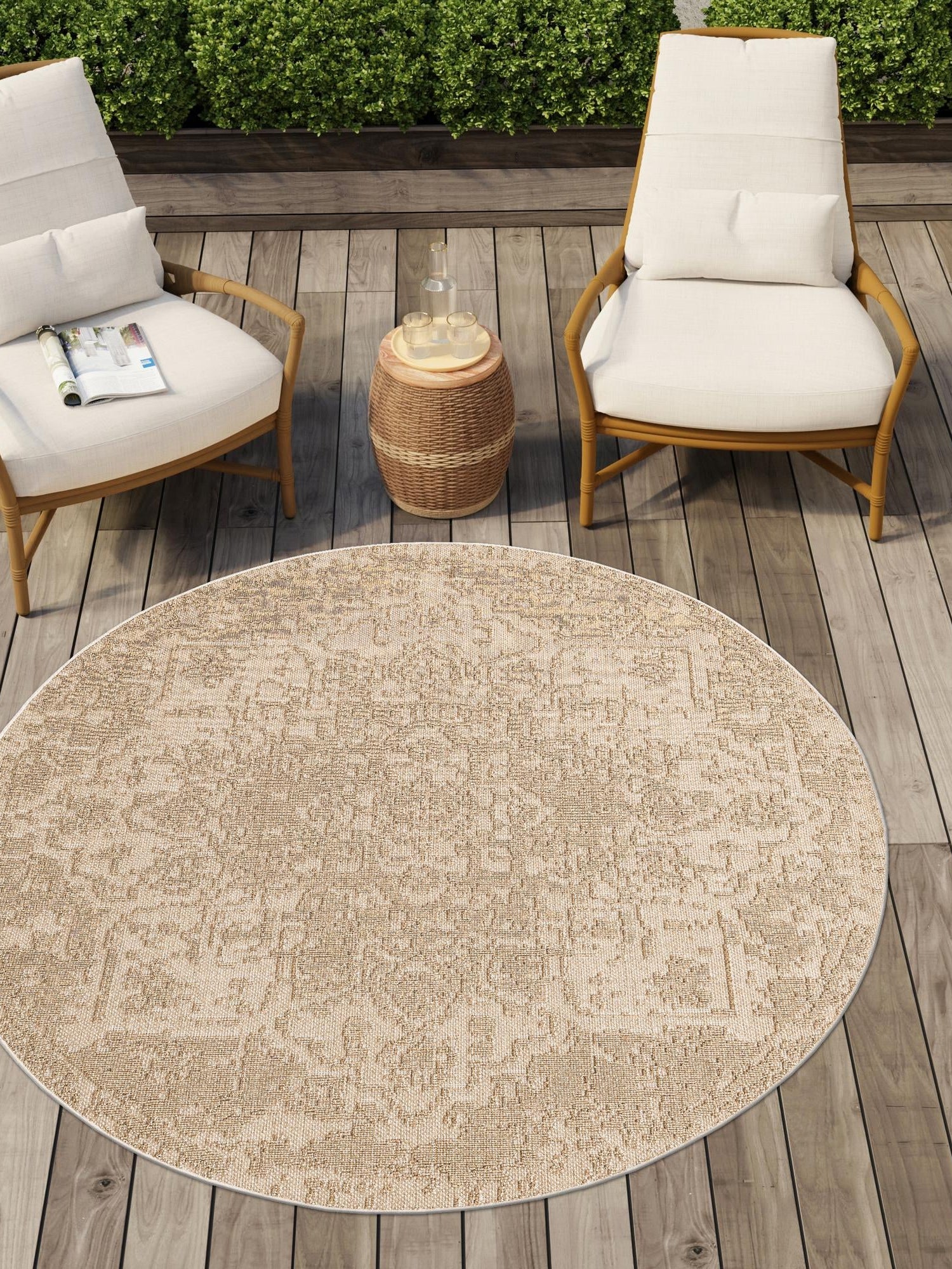 Beige 5' 3 x 5' 3 Symphony Outdoor Round Area Rug Weather Resistant for Patio, Deck, Terrace, Balcony, Porch Durable Outside Carpet for Sale at Rug Engine