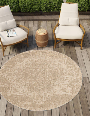 Beige 5' 3 x 5' 3 Symphony Outdoor Round Area Rug Weather Resistant for Patio, Deck, Terrace, Balcony, Porch Durable Outside Carpet for Sale at Rug Engine