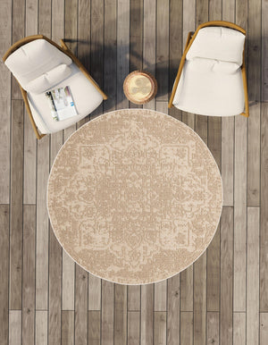 Beige 7' 10 x 7' 10 Symphony Outdoor Round Area Rug Weather Resistant for Patio, Deck, Terrace, Balcony, Porch Durable Outside Carpet for Sale at Rug Engine