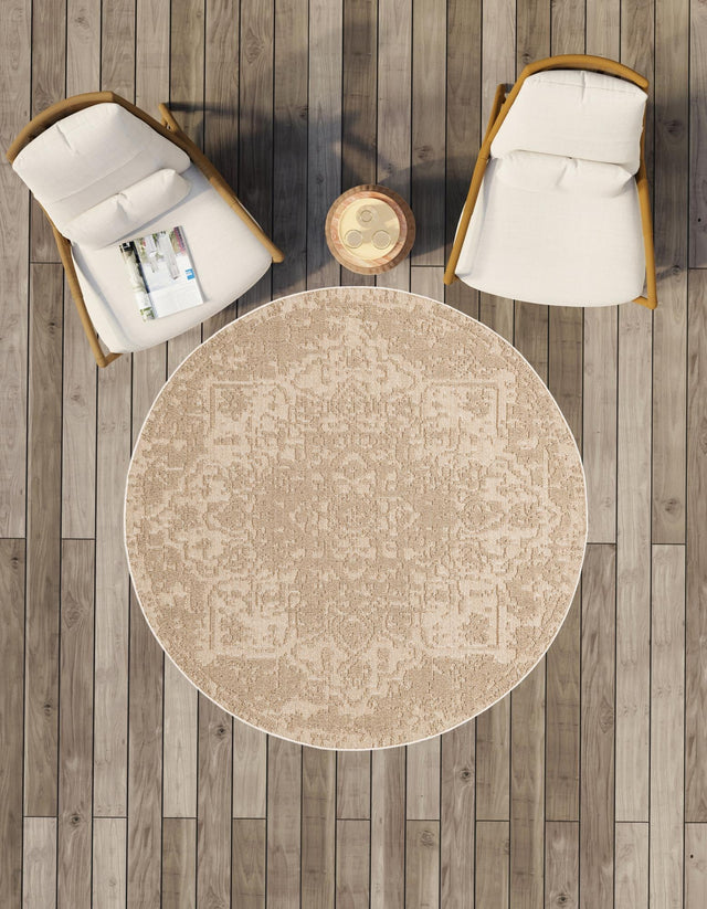 Beige 7' 10 x 7' 10 Symphony Outdoor Round Area Rug Weather Resistant for Patio, Deck, Terrace, Balcony, Porch Durable Outside Carpet for Sale at Rug Engine