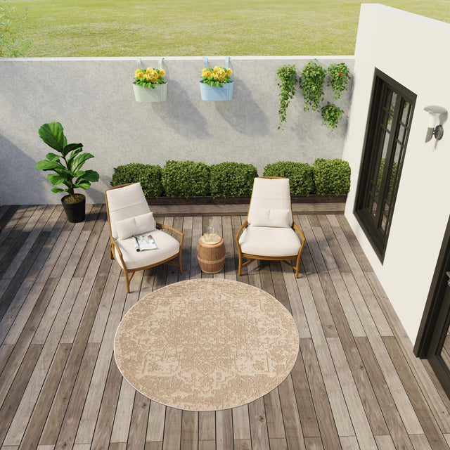 Beige 7' 10 x 7' 10 Symphony Outdoor Round Area Rug Weather Resistant for Patio, Deck, Terrace, Balcony, Porch Durable Outside Carpet for Sale at Rug Engine