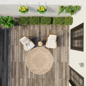 Beige 7' 10 x 7' 10 Symphony Outdoor Round Area Rug Weather Resistant for Patio, Deck, Terrace, Balcony, Porch Durable Outside Carpet for Sale at Rug Engine