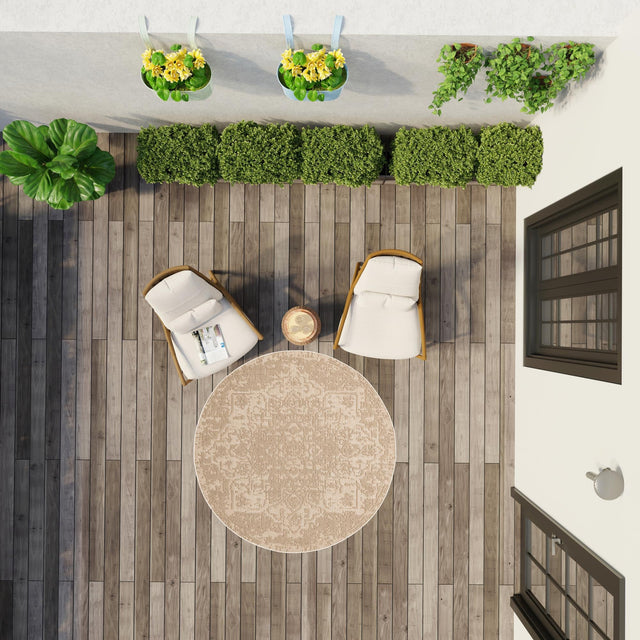 Beige 7' 10 x 7' 10 Symphony Outdoor Round Area Rug Weather Resistant for Patio, Deck, Terrace, Balcony, Porch Durable Outside Carpet for Sale at Rug Engine
