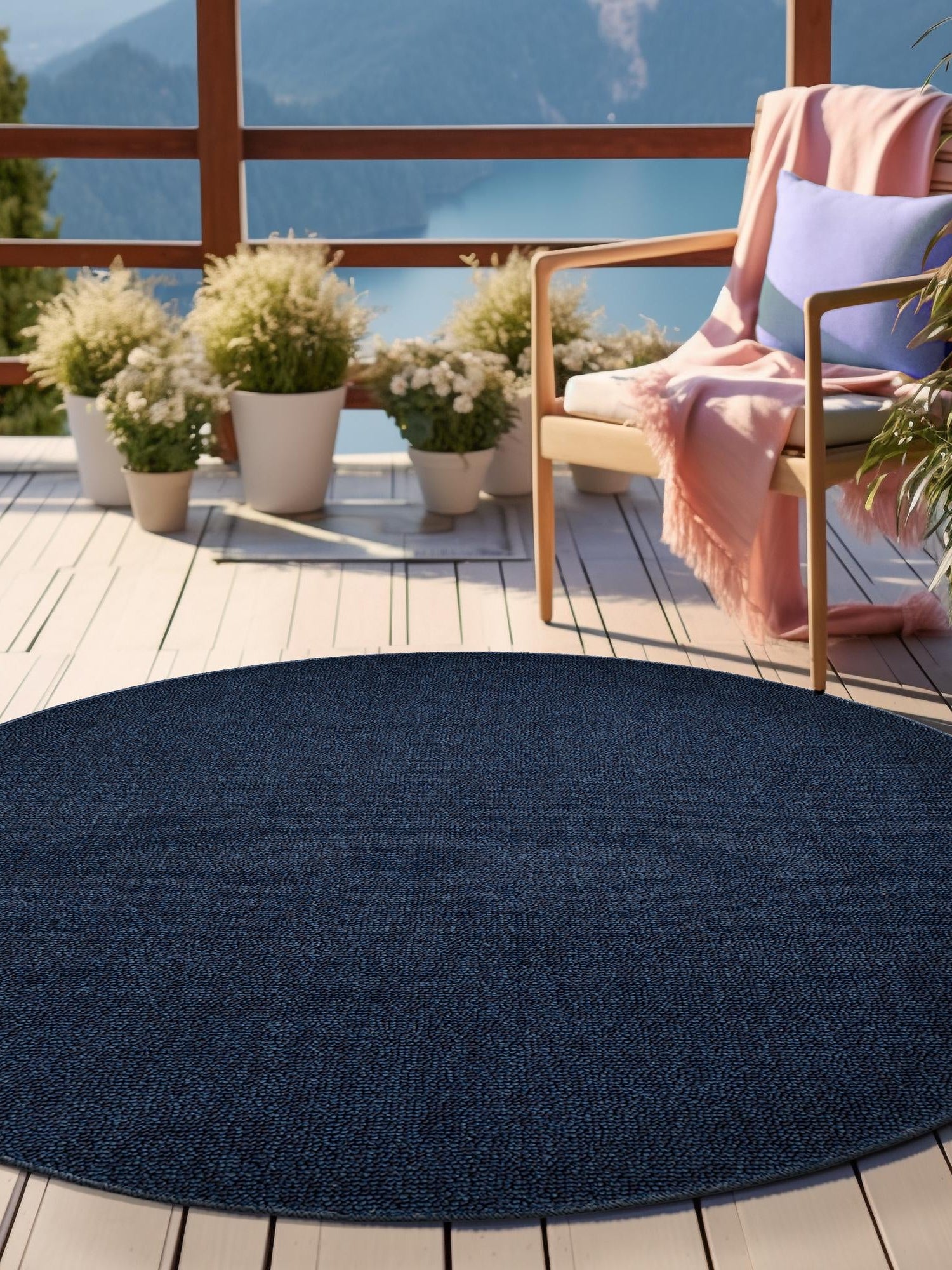 Navy Blue 3' 1 x 3' 1 Symphony Outdoor Round Area Rug Weather Resistant for Patio, Deck, Terrace, Balcony, Porch Durable Outside Carpet for Sale at Rug Engine