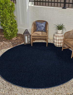 Navy Blue 7' 10 x 7' 10 Symphony Outdoor Round Area Rug Weather Resistant for Patio, Deck, Terrace, Balcony, Porch Durable Outside Carpet for Sale at Rug Engine