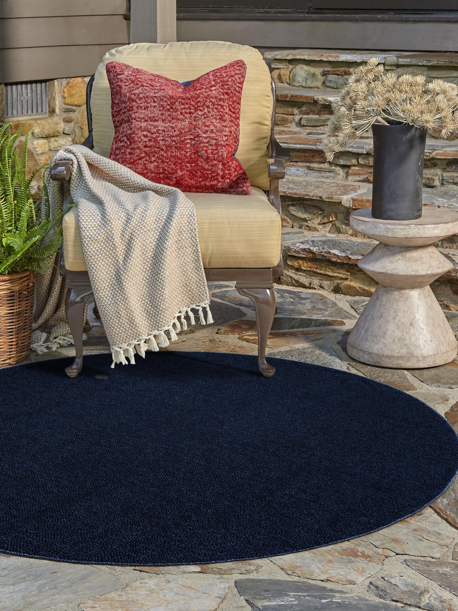 Navy Blue 5' 3 x 5' 3 Symphony Outdoor Round Area Rug Weather Resistant for Patio, Deck, Terrace, Balcony, Porch Durable Outside Carpet for Sale at Rug Engine
