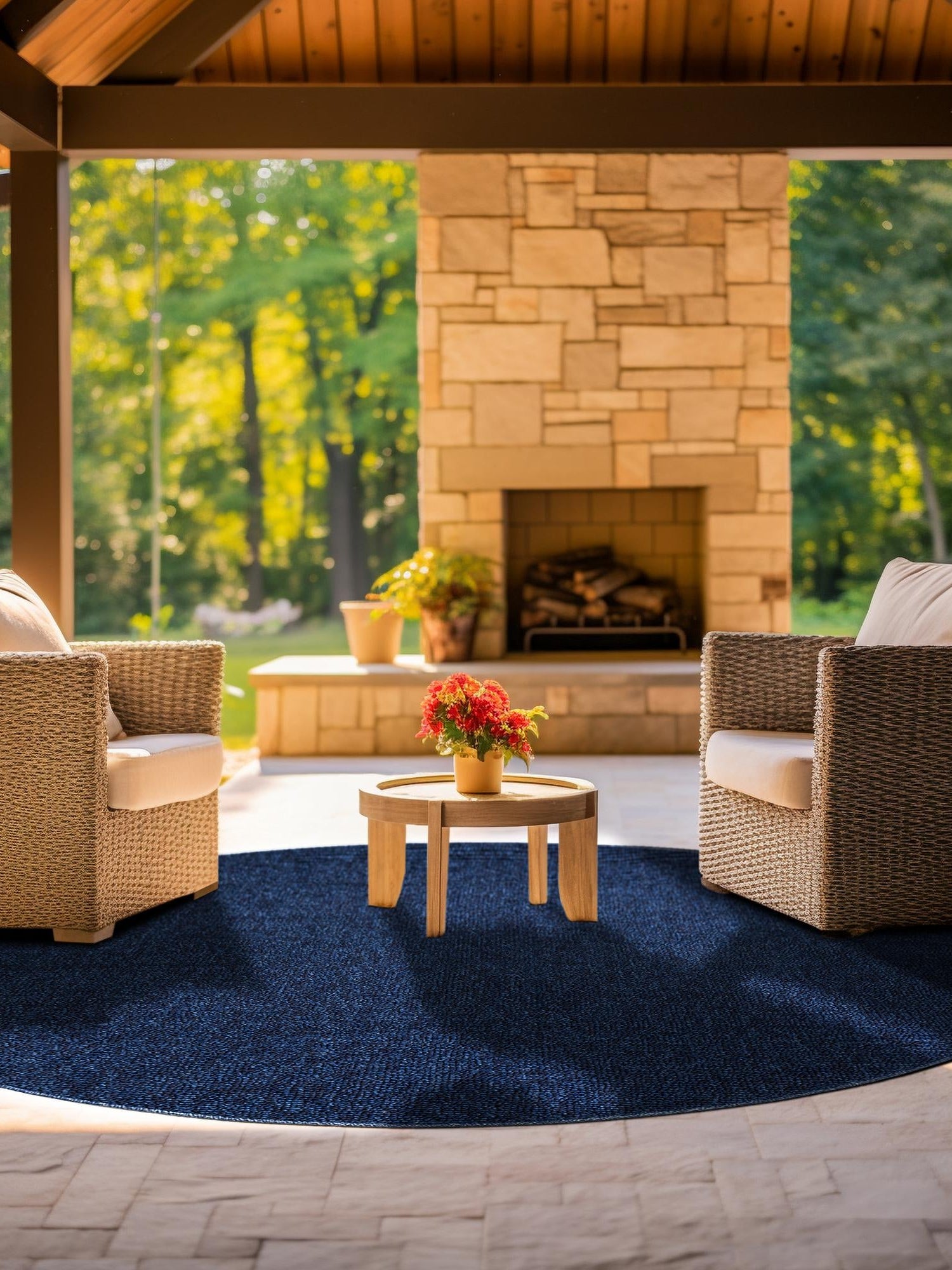 Navy Blue 5' 3 x 5' 3 Symphony Outdoor Round Area Rug Weather Resistant for Patio, Deck, Terrace, Balcony, Porch Durable Outside Carpet for Sale at Rug Engine