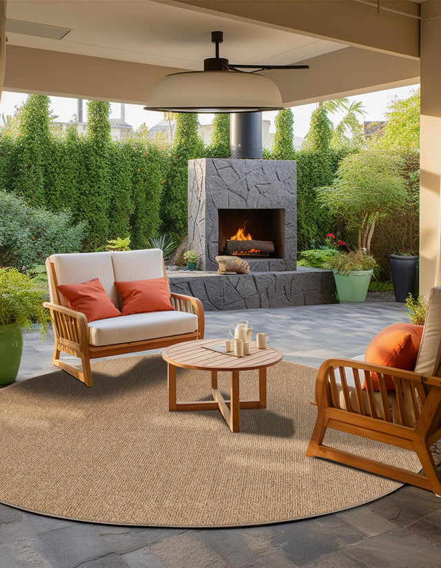 Beige 5' 3 x 5' 3 Symphony Outdoor Round Area Rug Weather Resistant for Patio, Deck, Terrace, Balcony, Porch Durable Outside Carpet for Sale at Rug Engine