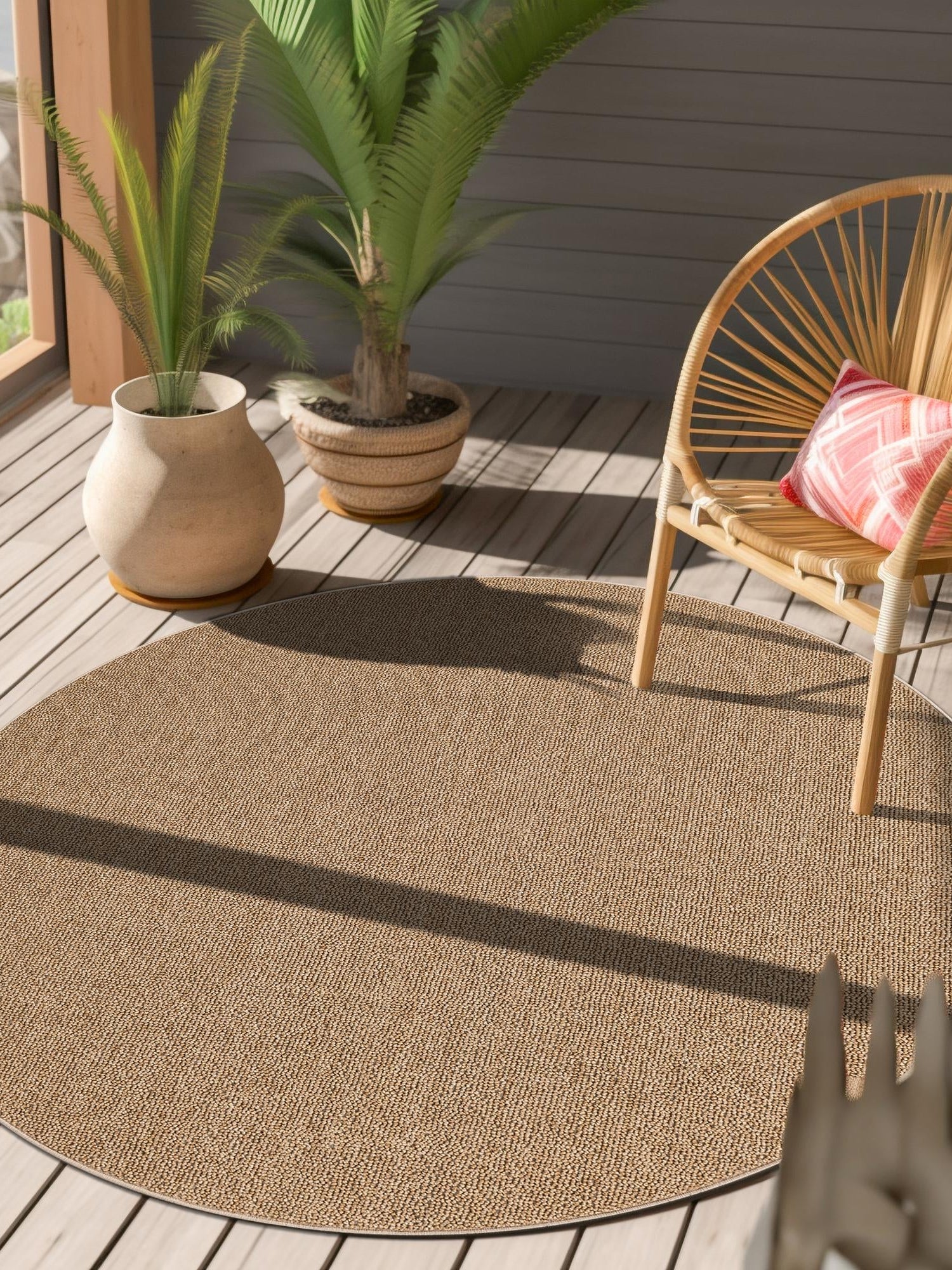 Beige 7' 10 x 7' 10 Symphony Outdoor Round Area Rug Weather Resistant for Patio, Deck, Terrace, Balcony, Porch Durable Outside Carpet for Sale at Rug Engine