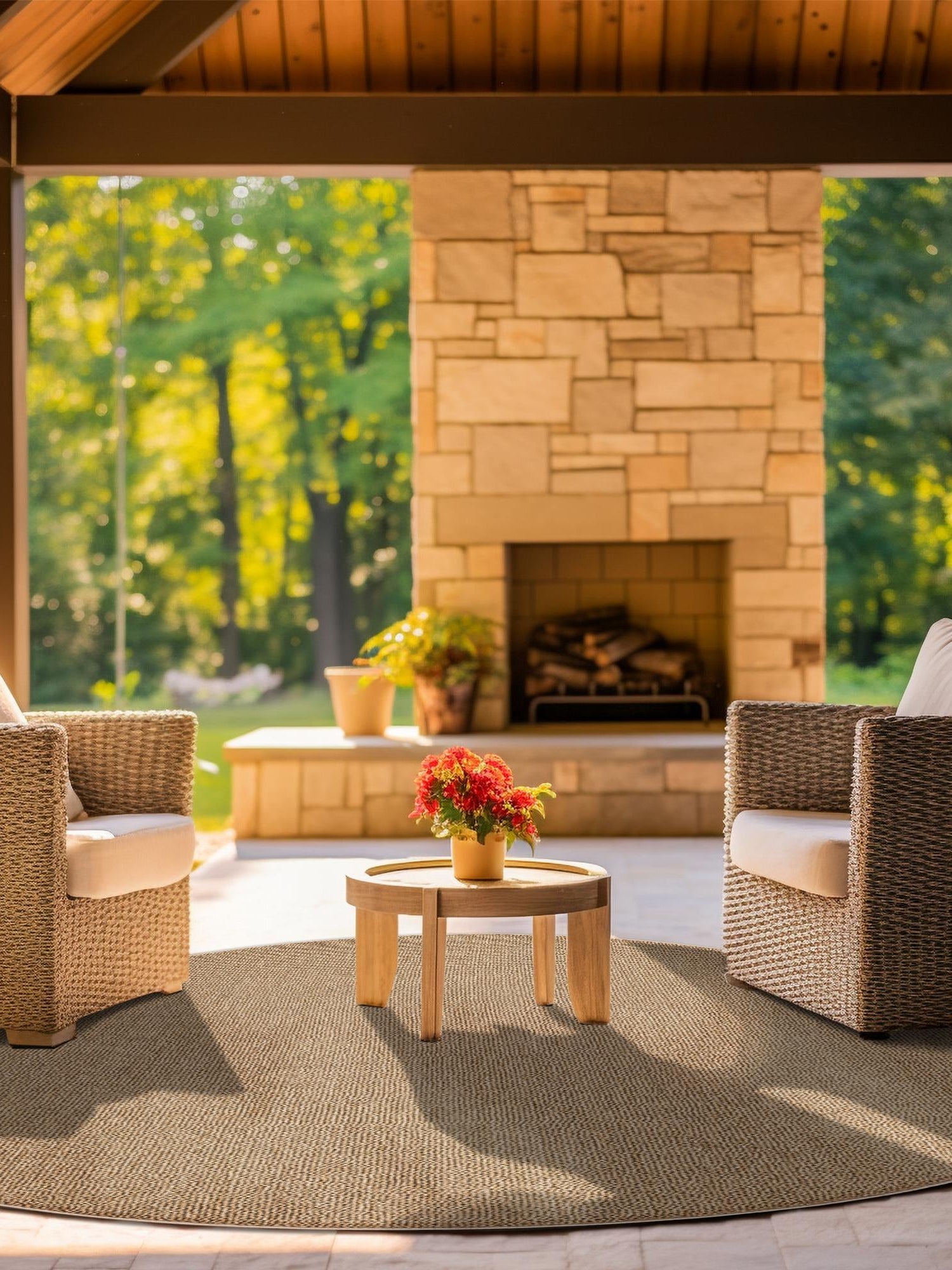 Beige 3' 1 x 3' 1 Symphony Outdoor Round Area Rug Weather Resistant for Patio, Deck, Terrace, Balcony, Porch Durable Outside Carpet for Sale at Rug Engine