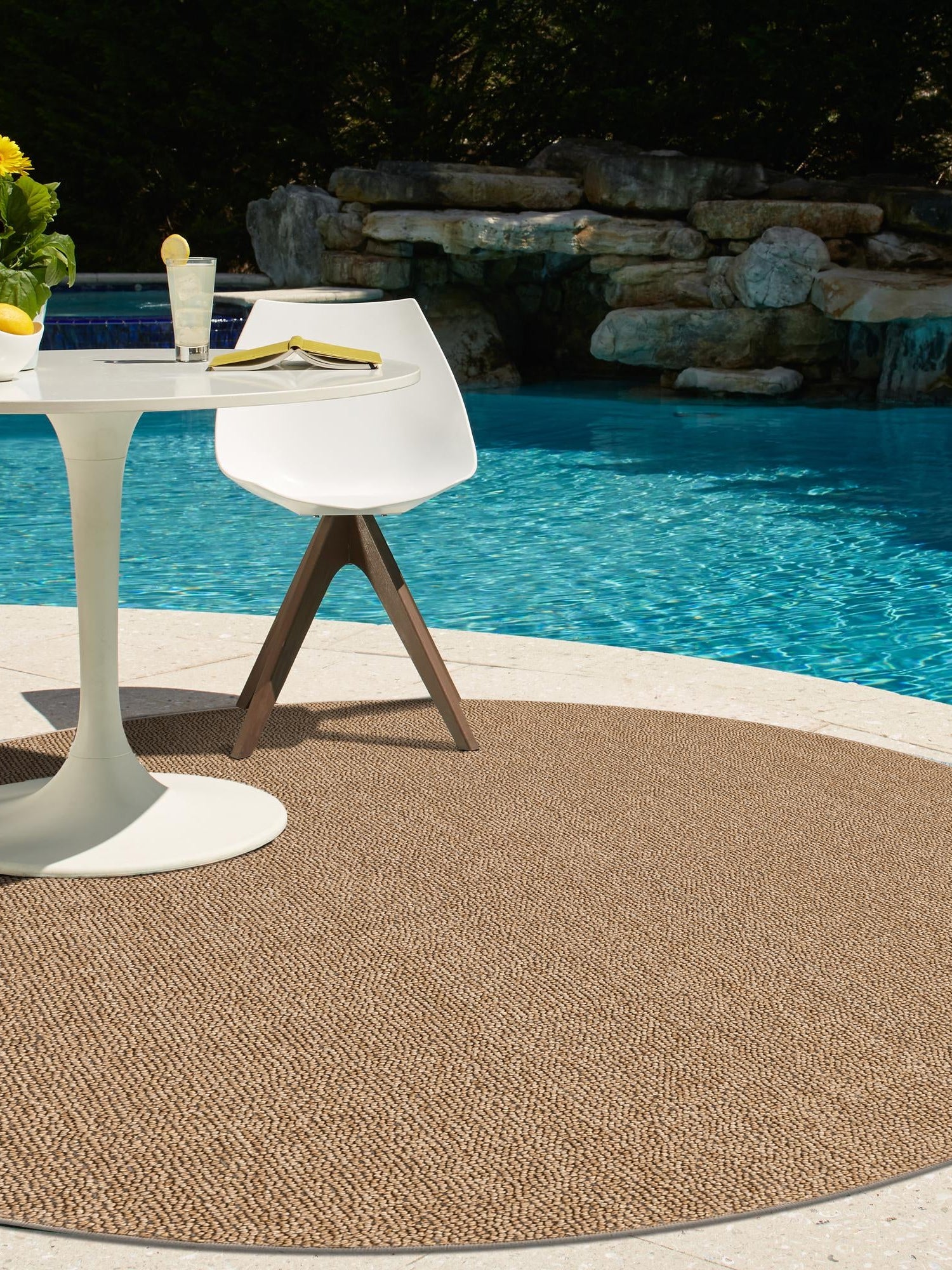 Beige 7' 10 x 7' 10 Symphony Outdoor Round Area Rug Weather Resistant for Patio, Deck, Terrace, Balcony, Porch Durable Outside Carpet for Sale at Rug Engine