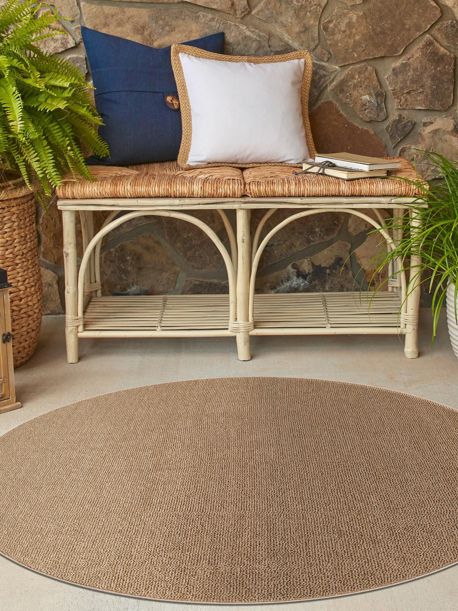 Beige 7' 10 x 7' 10 Symphony Outdoor Round Area Rug Weather Resistant for Patio, Deck, Terrace, Balcony, Porch Durable Outside Carpet for Sale at Rug Engine