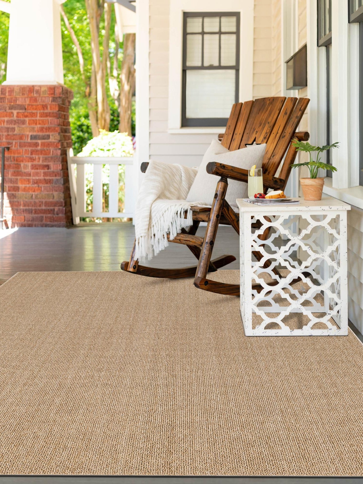 Beige 6' 1 x 9' Symphony Outdoor Rectangle Area Rug Weather Resistant for Patio, Deck, Terrace, Balcony, Porch Durable Outside Carpet for Sale at Rug Engine