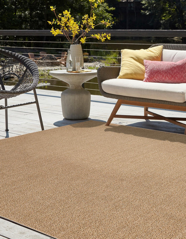 Beige 7' 10 x 7' 10 Symphony Outdoor Square Area Rug Weather Resistant for Patio, Deck, Terrace, Balcony, Porch Durable Outside Carpet for Sale at Rug Engine