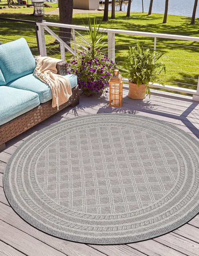 Gray 10' x 10' Outdoor Trellis Round Area Rug Weather Resistant for Patio, Deck, Terrace, Balcony, Porch Geometric Design Water Safe Outside Carpet for Sale at Rug Engine
