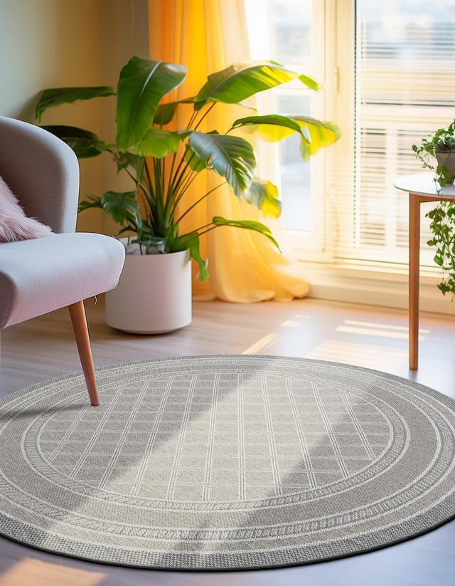 Gray 3' 3 x 3' 3 Outdoor Trellis Round Area Rug Weather Resistant for Patio, Deck, Terrace, Balcony, Porch Geometric Design Water Safe Outside Carpet for Sale at Rug Engine